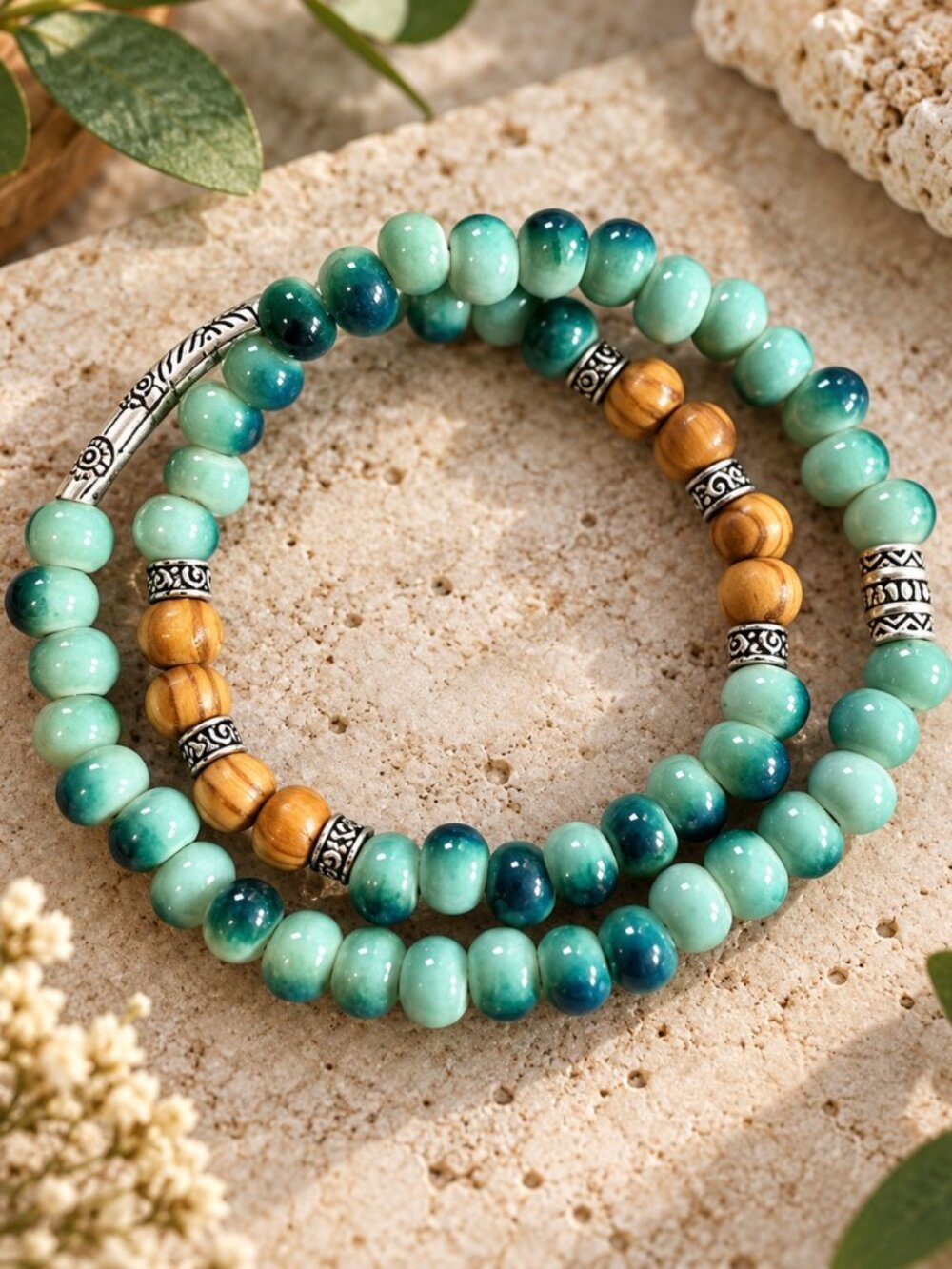 Aqua Green Beaded Wrap Bracelet with Wooden Beads & Silver Accents